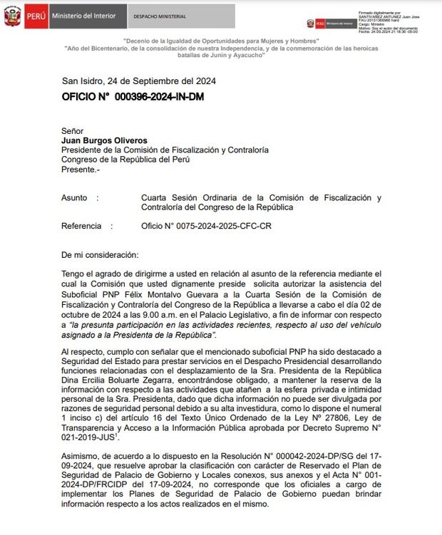 Oficio enviado por el ministro del Interior, Juan José Santiváñez, al presidente de la Comisión de Fiscalización del Congreso.