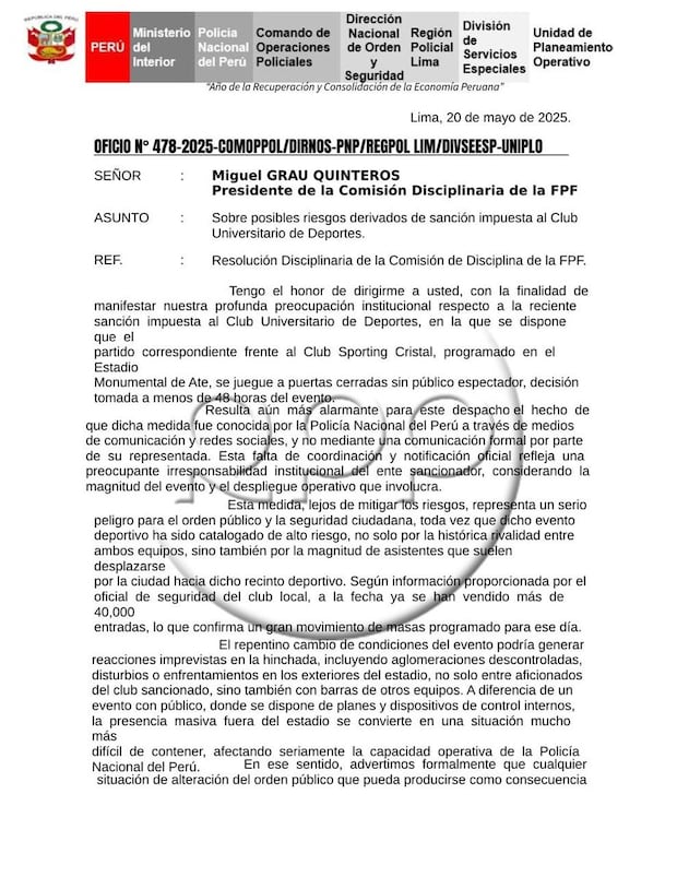 Por la proximidad del partido entre Universitario de Deportes y Sporting Cristal, la PNP solicitó reconsiderar la sanción impuesto por la Comisión Disciplinaria al Monumental. (Foto: RPP)
