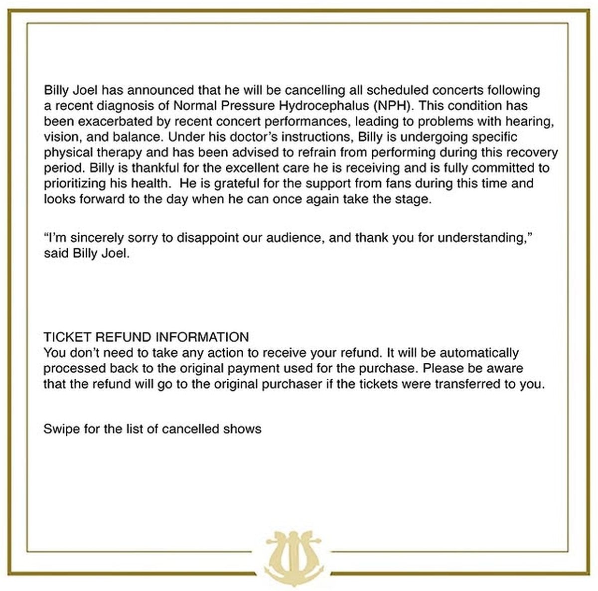 Comunicado que compartió en sus redes sociales el legendario músico (Foto: Billy Joel / Instagram)