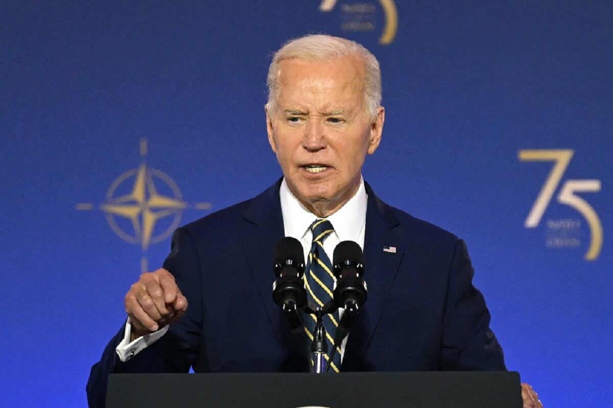 El presidente de Estados Unidos, Joe Biden, habla durante el acto de celebración del 75.º aniversario de la OTAN en el Auditorio Mellon de Washington, DC, el 9 de julio de 2024. (Foto de SAUL LOEB / AFP)