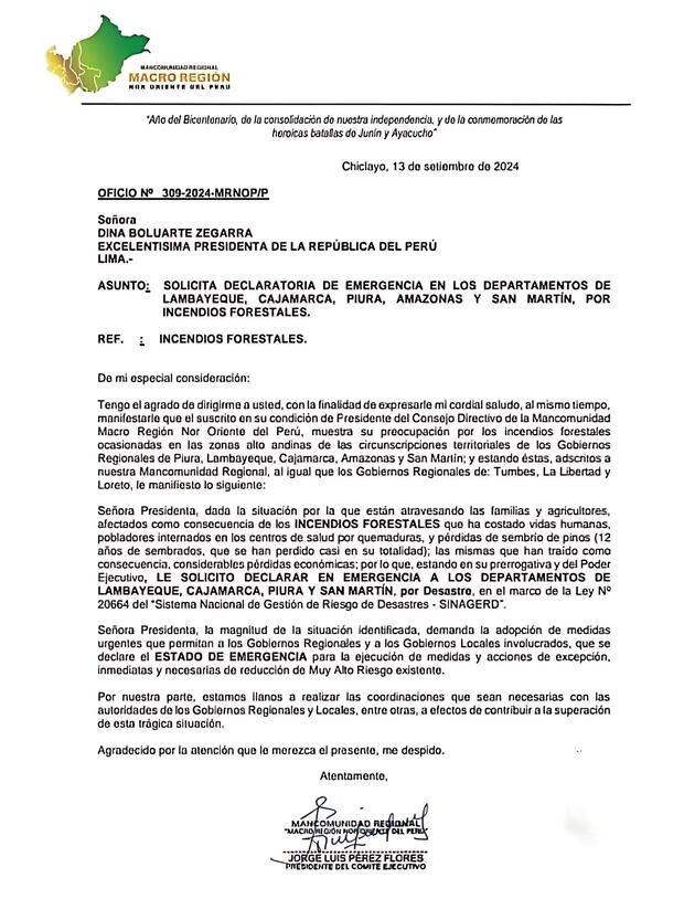 Oficio de la Mancomunidad regional Macro Región Nororiente del Perú